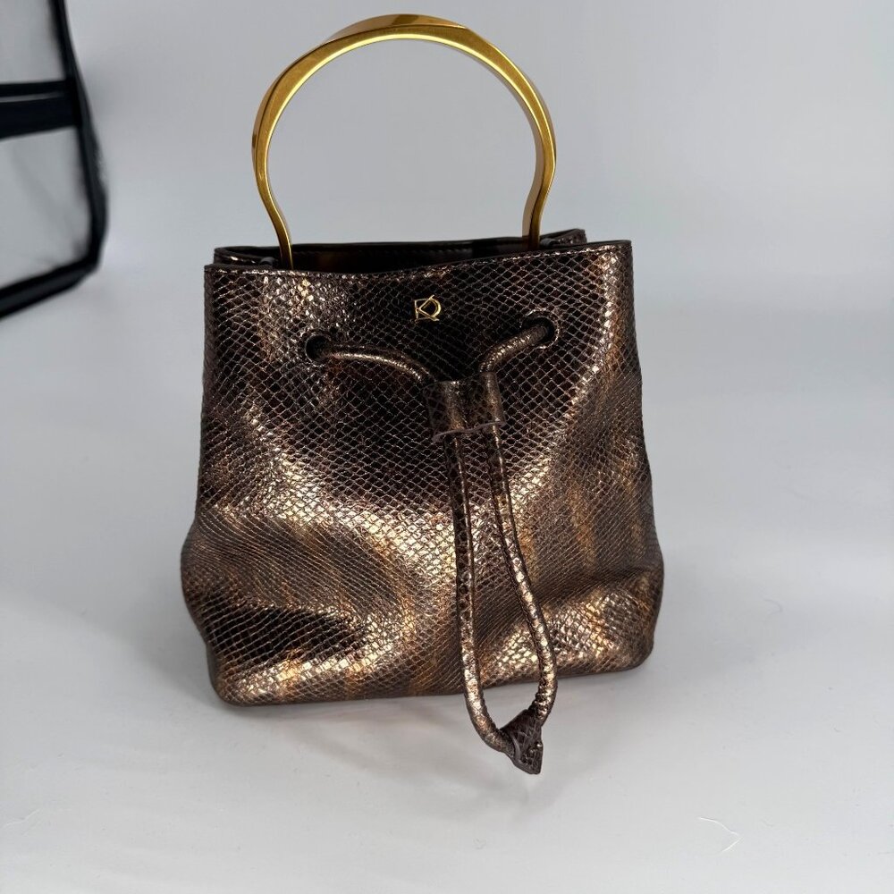 Donna Karan Drawstring Bucket Bag W/ Metallic Snake Print Leather - Picture 15 of 16